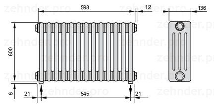 Схема (чертеж) Радиатор Zehnder Charleston 4060/13 №3570 Белый глянцевый RAL 9016